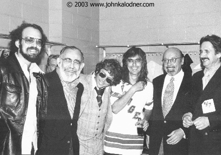 Shep Gordon (Alice Cooper's Manager), Jerry Wexler (Executive Vice President of Atlantic), Jerry Greenberg (Atlantic), Alice Cooper, Ahmet Ertegen (Atlantic President of Atlantic) & Earl McGrath (Atlantic) - Publicity Photo by JDK - 1975