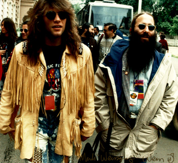 Jon Bon Jovi & JDK (photo courtesy Mark Weiss) arriving in Moscow for the 'Moscow Peace Festival' - 1989
