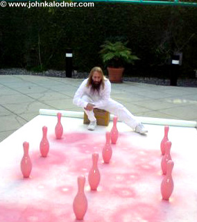 JDK practicing his bowling strategies with these WONDERFUL pink bowling pins - Los Angeles, CA - February 10, 2004